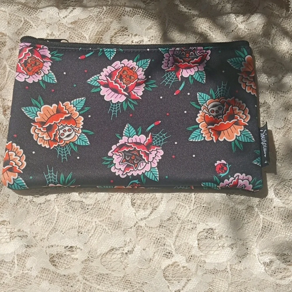 Sourpuss Peony Flowers w black cats skulls pumpkins Makeup Pencil  Zip Case New